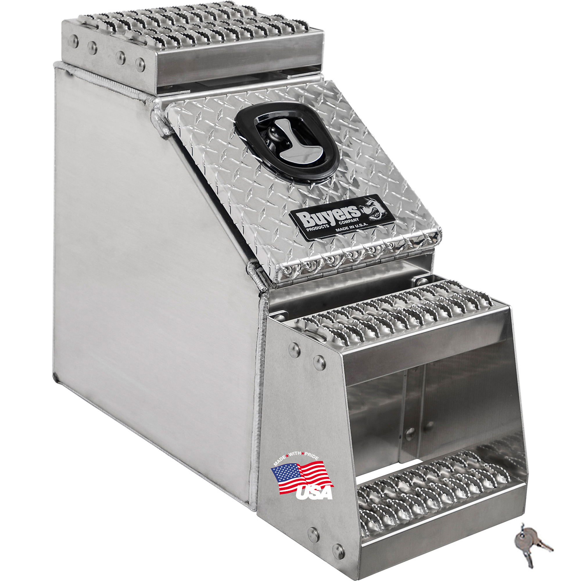 Buyers Products, 12in. Wide Saddle Side Step Semi Truck Tool Job Storage Box, Width 12 in, Material Aluminum, Color Finish Smooth Silver, Model# 1705180